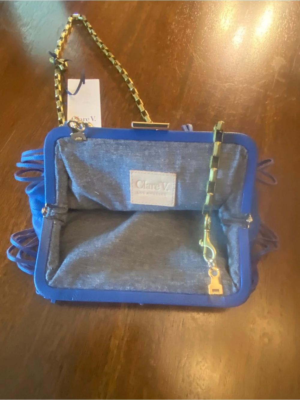 Clare V. Blue Fringe Leather Clutch Bag w/ Gold Crossbody Chain Strap New w tags